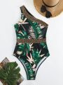 Women'S One Shoulder Sleeveless Tropical Printed One Piece Swimsuit