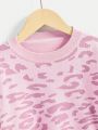 SHEIN Girls' Leopard Print Casual Pullover Sweater With Long Sleeves And Round Neck