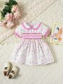 Baby Girls' Floral Printed A-Line Dress With Doll Collar And Contrast Trim