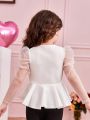 SHEIN Kids CHARMNG Girls' V-Neck Blouse With Mesh Patchwork, Puff Sleeves, And Hem With Ruffles & Bow