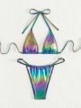 SHEIN Swim SXY Reflective Halter Neck Mini Triangle Cup Swimsuit Set