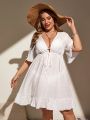 SHEIN Swim Chicsea Plus Size Solid Color Drawstring Waist Ruffle Trim Cover-Up