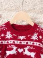 SHEIN Tween Girl Christmas Elk & Heart Pattern Drop Shoulder Sweater