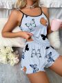 Butterfly Print Contrast Binding Lettuce Trim Cami Top & Shorts PJ Set