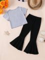 SHEIN Kids EVRYDAY Little Girls' Letter Print Short Sleeve T-Shirt And Flared Pants Outfit Set