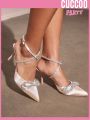 Cuccoo Party Collection Rhinestone & Bow Decor Satin Point Toe Heeled Ankle Strap Pumps