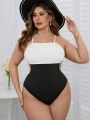 SHEIN Swim Chicsea Plus Size Color Block One-Piece Swimsuit With Low Back