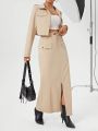 SHEIN Essnce Women'S Lapel Collar Coat & Slit Hem Skirt Two Piece Set