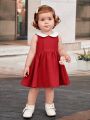 SHEIN Baby Girls' Casual Style Doll Collar Colorblock Waist Drawstring Pleated Dress