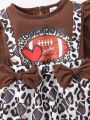 Infant Baby Girls' Brown Color Leopard Print Spliced Romper With Headband, Football Pattern Embellished