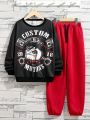 SHEIN Boys' Casual Animal Pattern Printed Round Neck Sweater And Solid Color Knit Pants Set