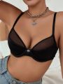 Solid Color Mesh Panel Bra