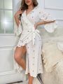 Polka Dot Print Ruffle Trim Flounce Sleeve Wrap Belted Robe