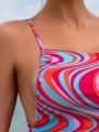 SHEIN Swim Vcay Women's Full Printed Drawstring & Ruched One Piece Swimsuit