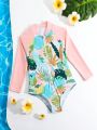 Young Girl Tropical Print Zip Front One Piece Swimsuit With Raglan Long Sleeves