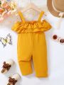 Baby Girl Casual Solid Color Off-Shoulder Jumpsuit With Ruffle Hem For Spring