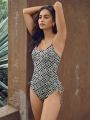 SHEIN Leisure Checker and Floral Print Drawstring Side One Piece Swimsuit