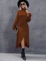 Turtleneck Batwing Sleeve Wrap Hem Sweater Dress (belt Not Included)