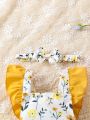 Baby Girl Flower Printed Romper With Lace Sleeves And Headband Included