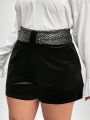 SHEIN Privé Plus Size Women's Shiny Velvet Shorts With Elastic Waist