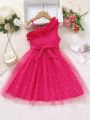 SHEIN Kids CHARMNG Little Girls' Gorgeous Romantic Sleeveless Oblique Shoulder Lace & Knit Sparkle Tulle Dress With Belt In The Same Color, Summer