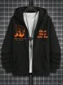 Extended Sizes Men Plus Slogan Graphic Zip Up Thermal Lined Drawstring Hoodie Without Tee