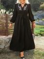 Plus Size Floral Embroidered Lantern Sleeve Dress With Notched-Neckline