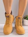 Women's Fashionable Short Boots With Thick Sole, Retro British Style, Casual Yellow Ankle Boots