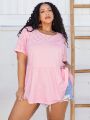 SHEIN CURVE+ Plus Size Solid Color Hollow Out Embroidered Patchwork T-Shirt