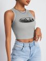 SHEIN Coolane Gray Printed Knit Cropped Tank Top