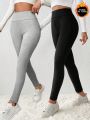 SHEIN Essnce 2pcs/set Solid Color Soft Warm Leggings