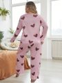 Plus Size Heart Printed Long Sleeve Pajama Set