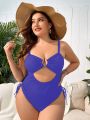 Plus Cut Out Drawstring Side Ring Linked One Piece Swimsuit