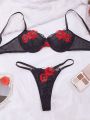 Women's Floral Embroidery Mesh Sexy Lingerie Set