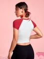 SHEIN PETITE Color Block Raglan Sleeve Cropped T-Shirt