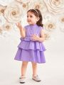 SHEIN Baby Girl Casual Solid Color Stand Collar Sleeveless Multi-Layered Ruffled Hem Dress