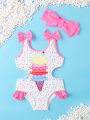 Baby Girl Allover Print Ruffle Trim One Piece Swimsuit & Hairband