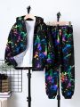 SHEIN Kids HYPEME Tween Boy Splash Ink Print Hooded Jacket & Sweatpants Without Tee