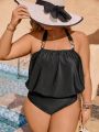 SHEIN Swim Classy Plus Size One-piece Swimsuit With Round Ring Decoration And Halter Neck