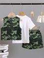 SHEIN Kids EVRYDAY 3pcs/Set Young Boys' Street Style Round Neck Letter Print Short Sleeve T-Shirt, Camo Vest With Multiple Pockets, And Camo Shorts, Suitable For Summer