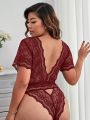 Plus Floral Lace Plunging Neck Teddy Bodysuit