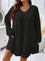 SHEIN CURVE+ Plus Size Women'S V-Neck Long Sleeve Dress