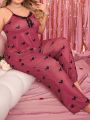 Plus Size Lace Trim Heart Patterned Pajama Set