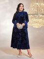 Plus Floral Jacquard Flare Sleeve Ruffle Hem Velvet Dress