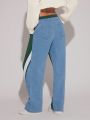 Asavvy Colorblock Drawstring Waist Straight Leg Jeans