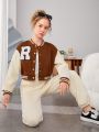 Teen Girls' Letter Patchwork Baseball Jacket And Pants Two Piece Set