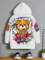 SHEIN Toddler Boys' Casual Animal & English Letter Pattern Hooded Pullover Sweatshirt With Faux Two Piece Design