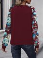 Women's Patchwork Floral Print Drop-shoulder Sleeve Round Neck T-shirt