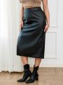 SHEIN Privé Plus Size Women's Elegant Side High Slit Pu Skirt