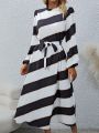 SHEIN LUNE Women's Striped Stand Collar Long Sleeved Belted Maxi Dress